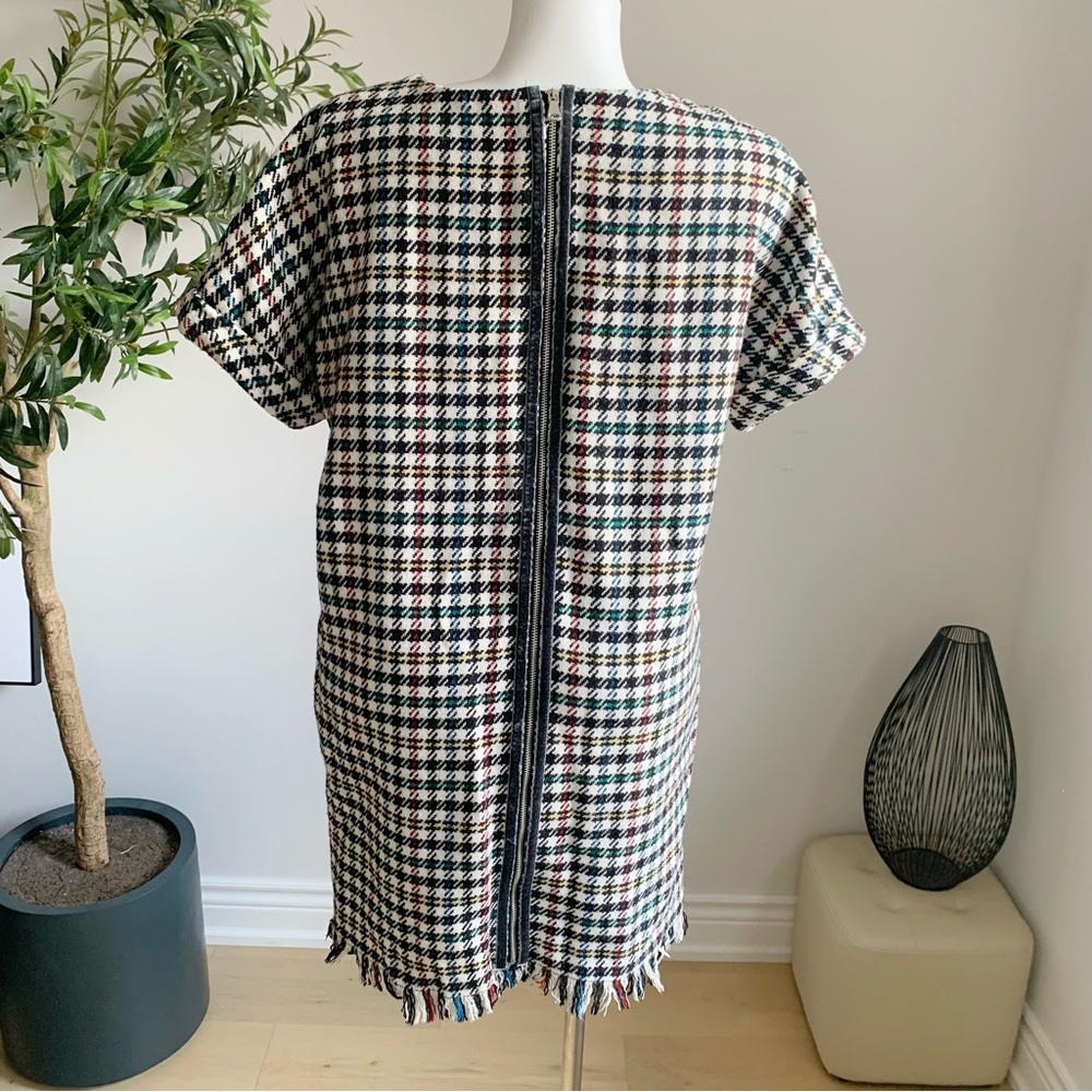 ZARA Tweed Houndstooth Dress XS Multicolor Fringe Hem Loose Fit - Picture 4 of 10